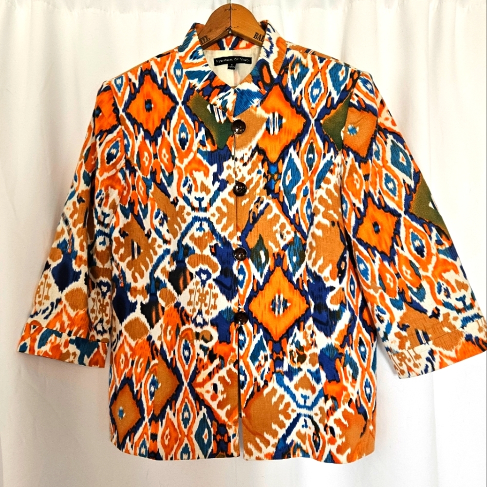 Preston & York Women Orange Blue Ikat Geometric Mandarin Collar Blazer Jacket 12